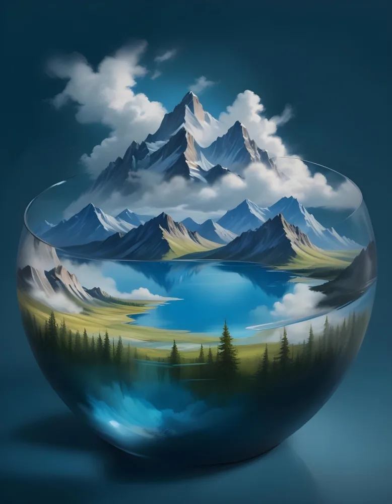 Digital Painting A Landscape With Mountains And A Lake Inside A Glass Bowl Clouds On Top Of The Bowl Blue Background Bold And Slim Lines Brush Strokes 6 B2e1