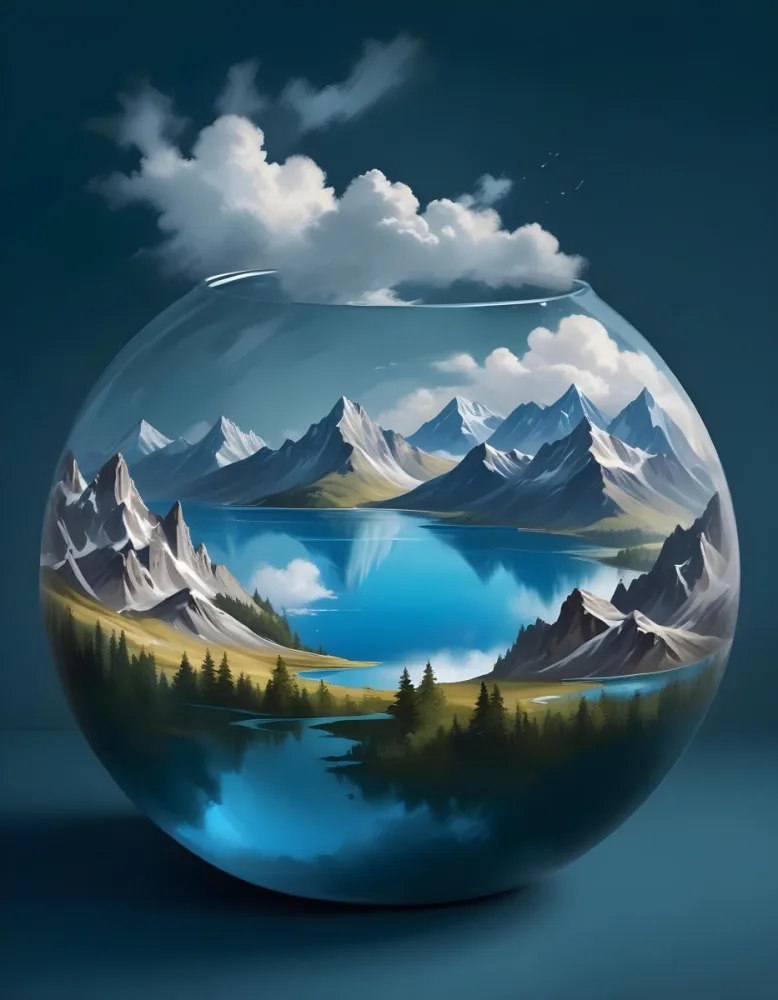Digital Painting A Landscape With Mountains And A Lake Inside A Glass Bowl Clouds On Top Of The Bowl Blue Background Bold And Slim Lines Brush Strokes 8 Fdae