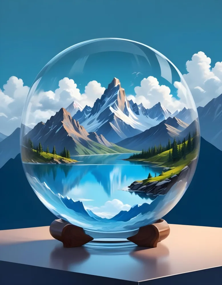 Digital Painting A Landscape With Mountains And A Lake Inside A Glass Bowl Clouds On Top Of The Bowl Blue Background Bold And Slim Lines Brush Strokes 9 770a