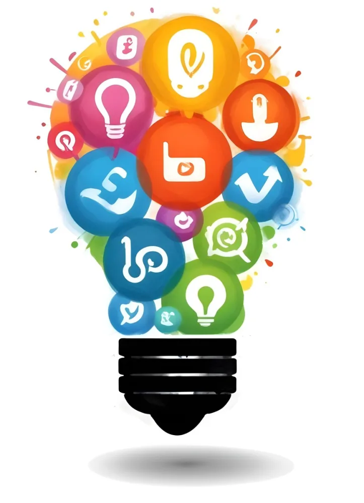Digital Painting A Light Bulb Made Of Social Media Icons The Icons Are Colorful And Include A Globe A Computer A Bird A Music Note A Cursor A Notepad An Email And A Lock Bold And Slim Lines Brush Strokes 14 7436