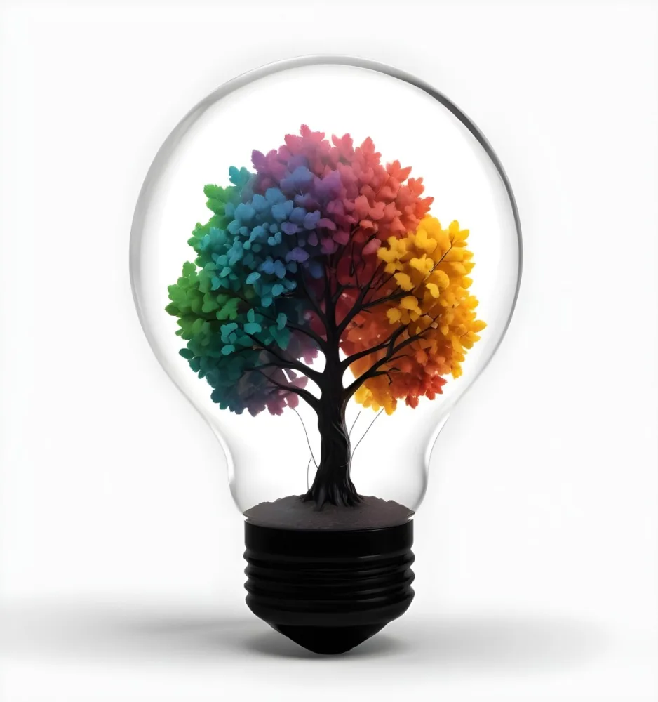 Digital Painting A Light Bulb With A Tree Inside The Tree Has Colorful Leaves And A White Trunk Black Background Bold And Slim Lines Brush Strokes 62 3c72