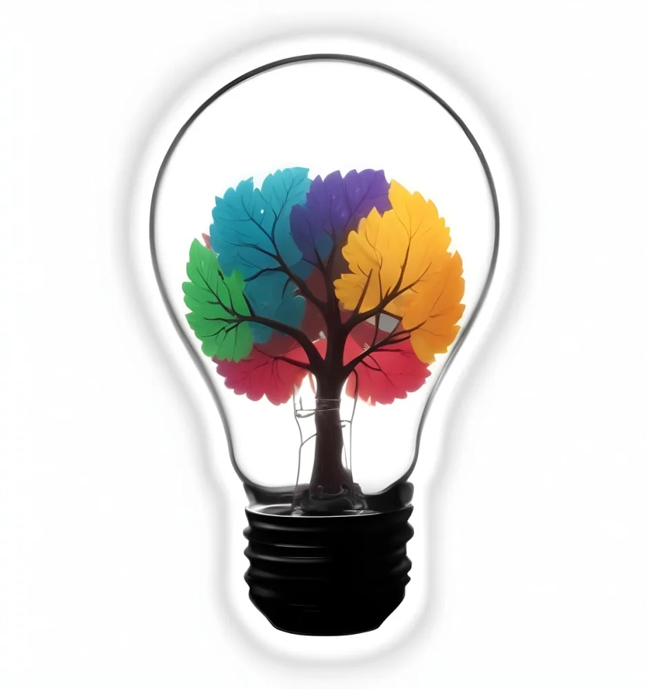 Digital Painting A Light Bulb With A Tree Inside The Tree Has Colorful Leaves And A White Trunk Black Background Bold And Slim Lines Brush Strokes 7 E52f