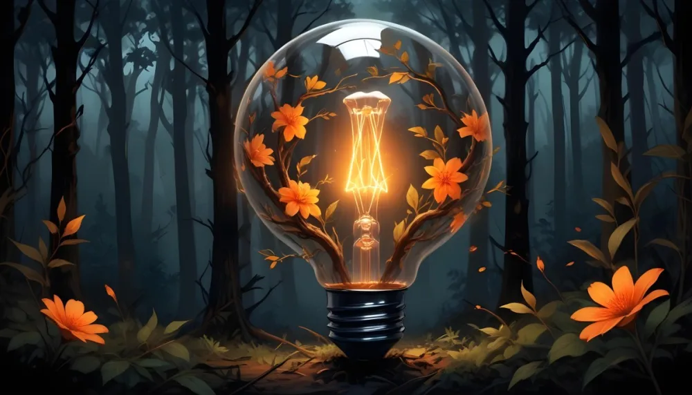 Digital Painting A Light Bulb With Glowing Orange Flowers Inside Surrounded By Tree Branches With Leaves In A Dark Forest Bold And Slim Lines Brush Strokes 13 8b9f
