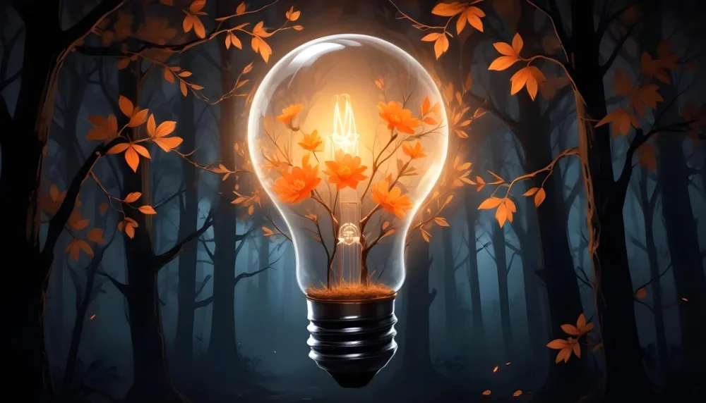 Digital Painting A Light Bulb With Glowing Orange Flowers Inside Surrounded By Tree Branches With Leaves In A Dark Forest Bold And Slim Lines Brush Strokes 15 172c