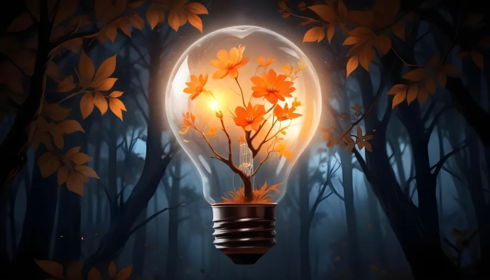 Digital Painting A Light Bulb With Glowing Orange Flowers Inside Surrounded By Tree Branches With Leaves In A Dark Forest Bold And Slim Lines Brush Strokes 19 9b9c