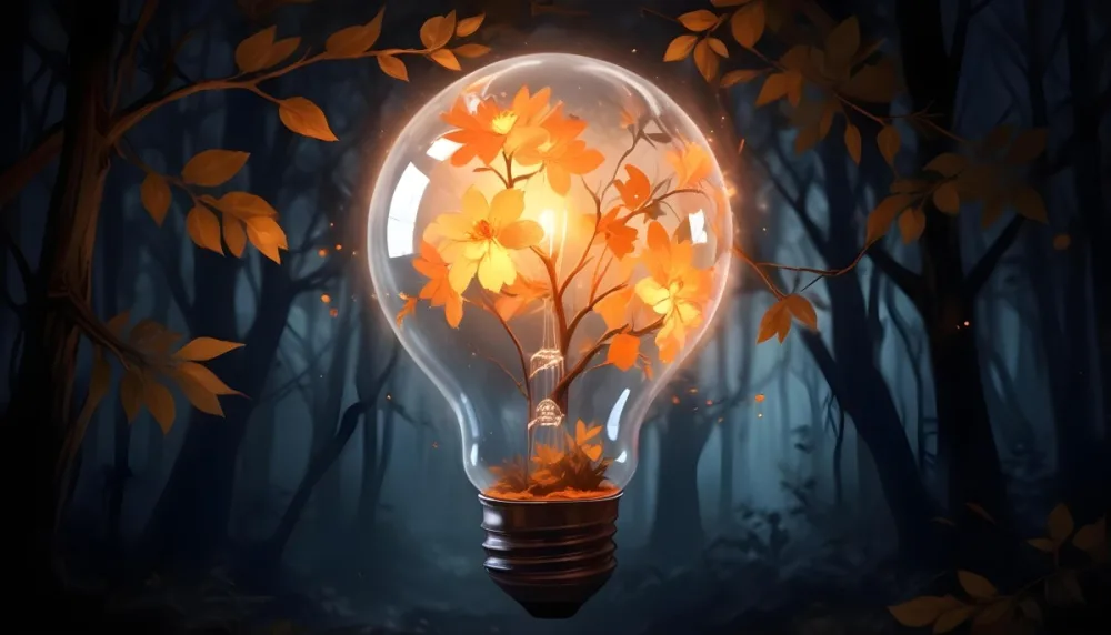 Digital Painting A Light Bulb With Glowing Orange Flowers Inside Surrounded By Tree Branches With Leaves In A Dark Forest Bold And Slim Lines Brush Strokes 22 0845