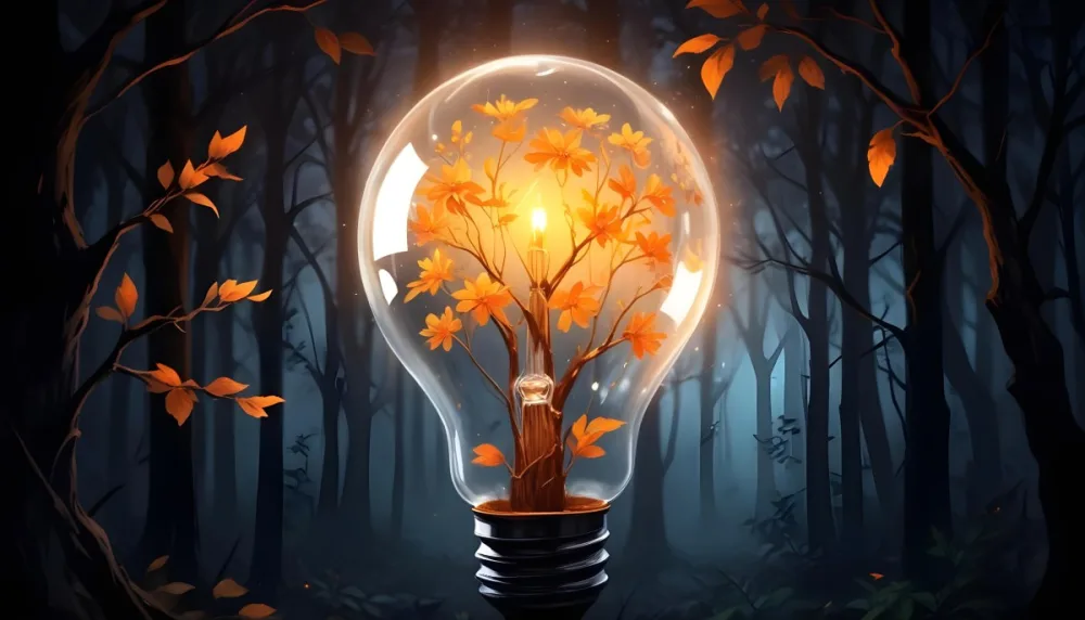 Digital Painting A Light Bulb With Glowing Orange Flowers Inside Surrounded By Tree Branches With Leaves In A Dark Forest Bold And Slim Lines Brush Strokes 24 D239