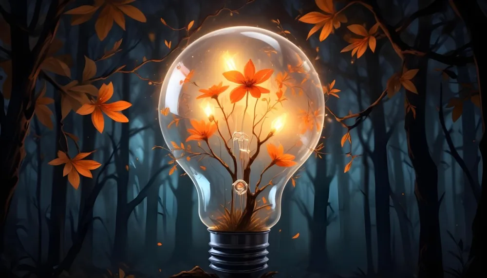 Digital Painting A Light Bulb With Glowing Orange Flowers Inside Surrounded By Tree Branches With Leaves In A Dark Forest Bold And Slim Lines Brush Strokes 28 6ec9