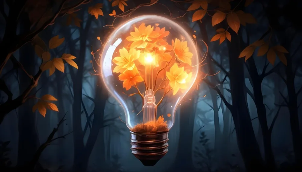 Digital Painting A Light Bulb With Glowing Orange Flowers Inside Surrounded By Tree Branches With Leaves In A Dark Forest Bold And Slim Lines Brush Strokes 31 E048