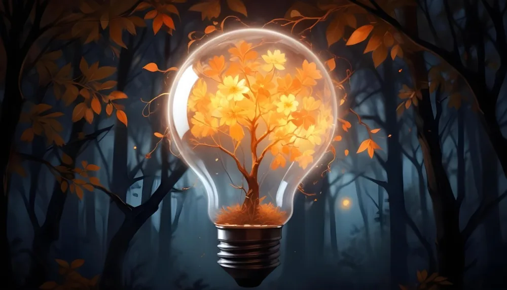 Digital Painting A Light Bulb With Glowing Orange Flowers Inside Surrounded By Tree Branches With Leaves In A Dark Forest Bold And Slim Lines Brush Strokes 33 E824