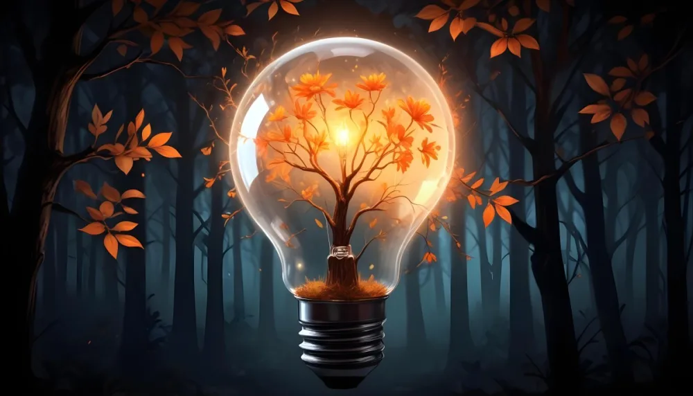 Digital Painting A Light Bulb With Glowing Orange Flowers Inside Surrounded By Tree Branches With Leaves In A Dark Forest Bold And Slim Lines Brush Strokes 4 B56a