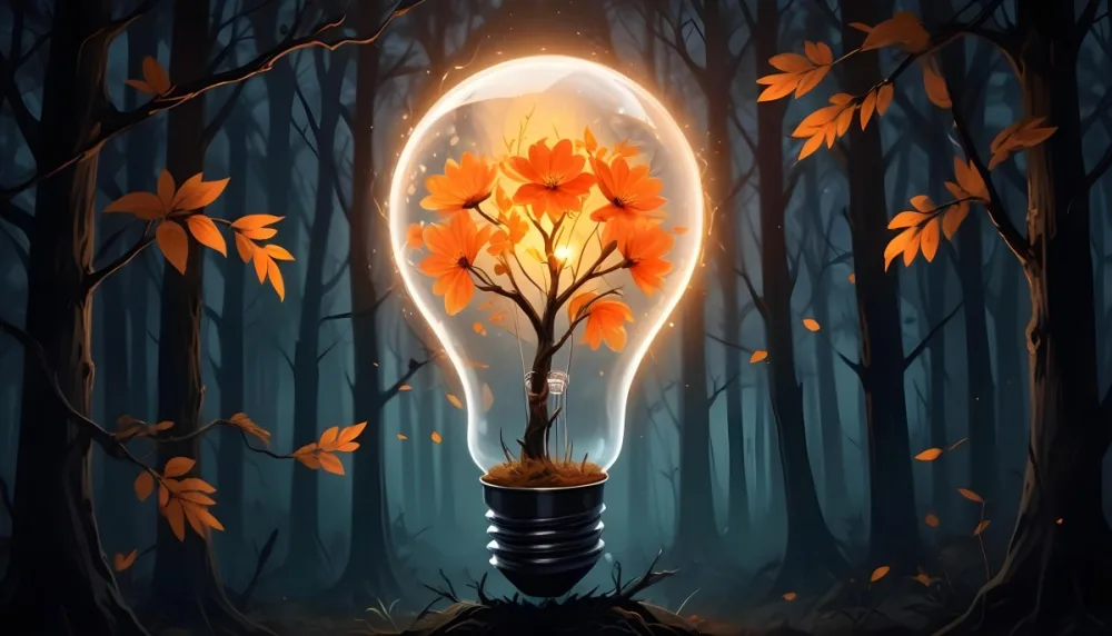 Digital Painting A Light Bulb With Glowing Orange Flowers Inside Surrounded By Tree Branches With Leaves In A Dark Forest Bold And Slim Lines Brush Strokes 40 A021