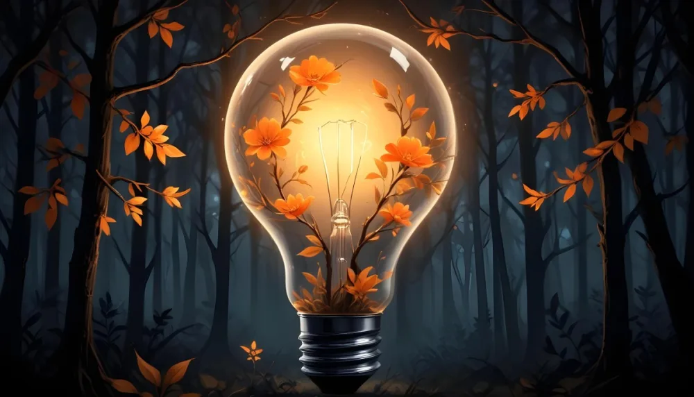 Digital Painting A Light Bulb With Glowing Orange Flowers Inside Surrounded By Tree Branches With Leaves In A Dark Forest Bold And Slim Lines Brush Strokes 41 Bb42