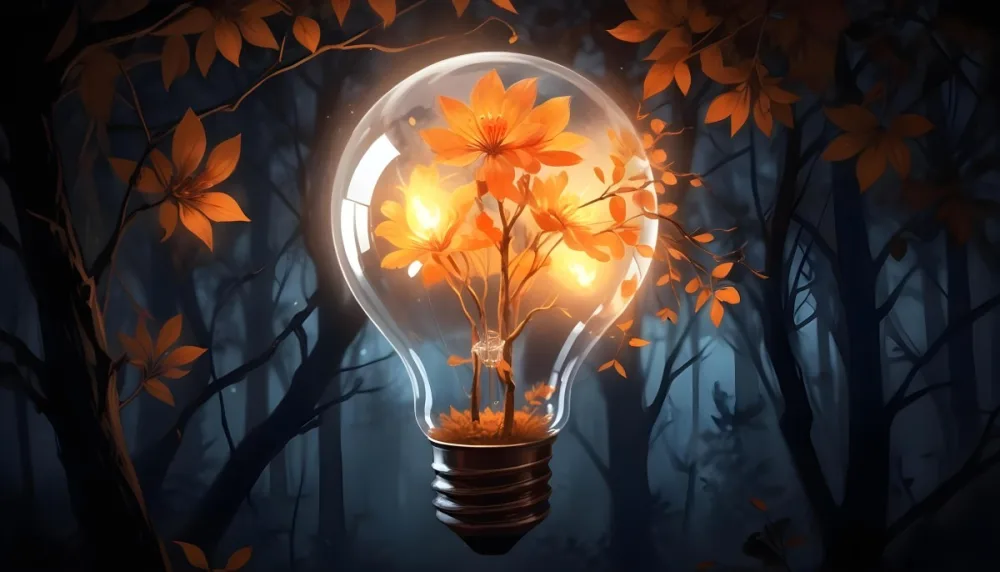 Digital Painting A Light Bulb With Glowing Orange Flowers Inside Surrounded By Tree Branches With Leaves In A Dark Forest Bold And Slim Lines Brush Strokes 43 Be14