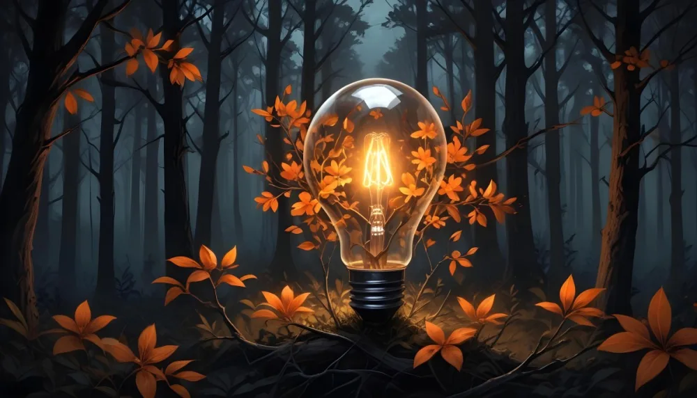 Digital Painting A Light Bulb With Glowing Orange Flowers Inside Surrounded By Tree Branches With Leaves In A Dark Forest Bold And Slim Lines Brush Strokes 45 9f64