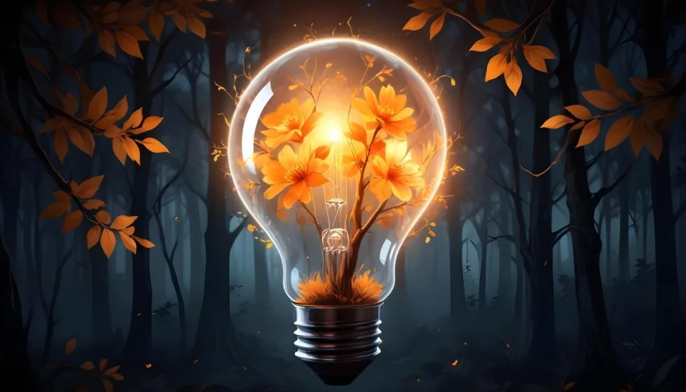 Digital Painting A Light Bulb With Glowing Orange Flowers Inside Surrounded By Tree Branches With Leaves In A Dark Forest Bold And Slim Lines Brush Strokes 5 5339