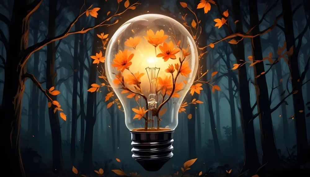 Digital Painting A Light Bulb With Glowing Orange Flowers Inside Surrounded By Tree Branches With Leaves In A Dark Forest Bold And Slim Lines Brush Strokes 7 3118