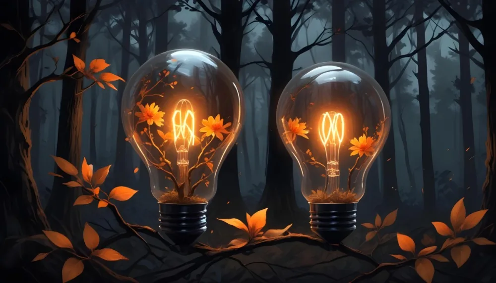 Digital Painting A Light Bulb With Glowing Orange Flowers Inside Surrounded By Tree Branches With Leaves In A Dark Forest Bold And Slim Lines Brush Strokes 9 18a1
