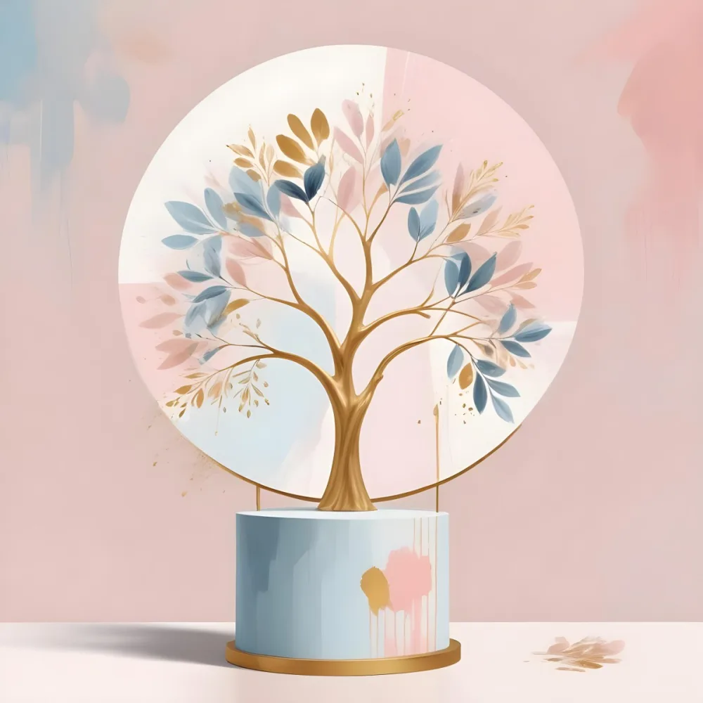 Digital Painting A Minimalist Abstract Scene With A Round White Background A Golden Tree Like Shape And Pastel Blue And Gold Floral Elements On A Pink Pedestal Bold And Slim Lines Brush Strokes 1 A9b8