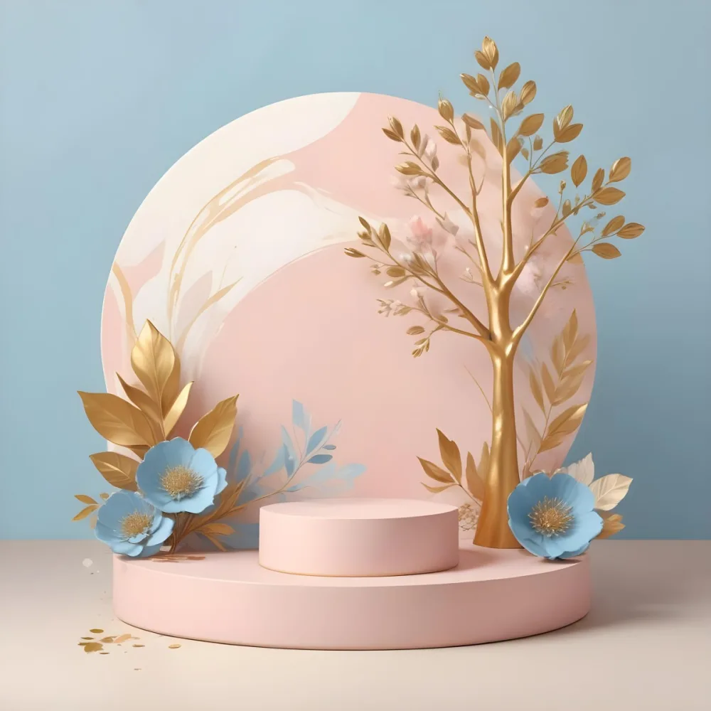 Digital Painting A Minimalist Abstract Scene With A Round White Background A Golden Tree Like Shape And Pastel Blue And Gold Floral Elements On A Pink Pedestal Bold And Slim Lines Brush Strokes 10 C83d