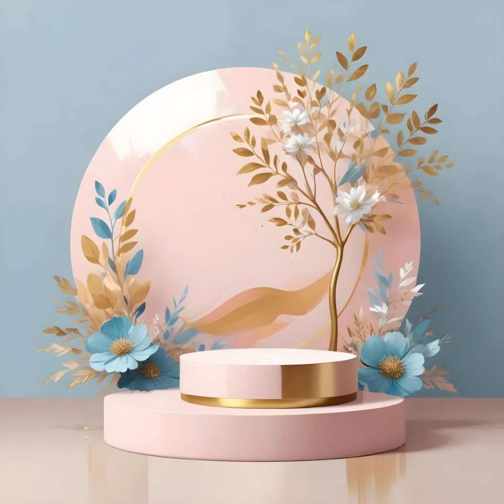 Digital Painting A Minimalist Abstract Scene With A Round White Background A Golden Tree Like Shape And Pastel Blue And Gold Floral Elements On A Pink Pedestal Bold And Slim Lines Brush Strokes 11 2a0a