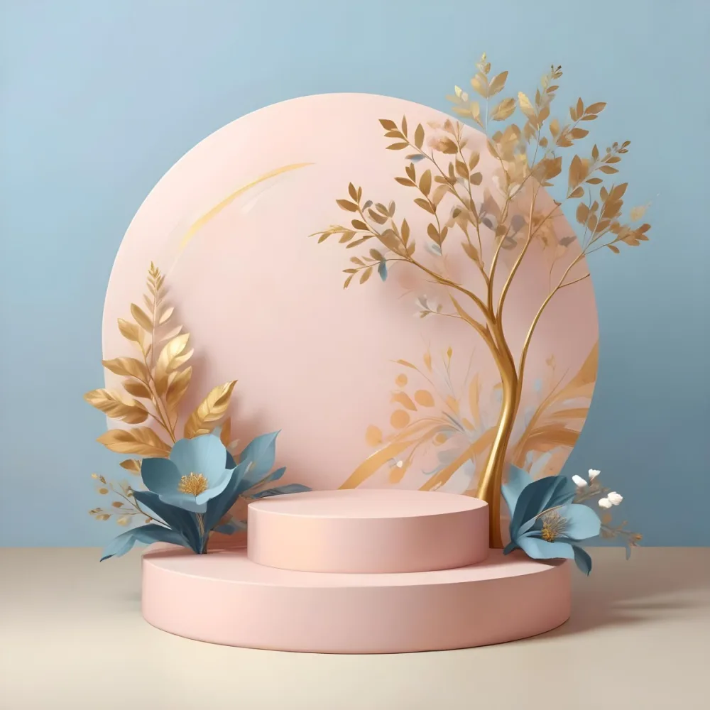 Digital Painting A Minimalist Abstract Scene With A Round White Background A Golden Tree Like Shape And Pastel Blue And Gold Floral Elements On A Pink Pedestal Bold And Slim Lines Brush Strokes 12 3116