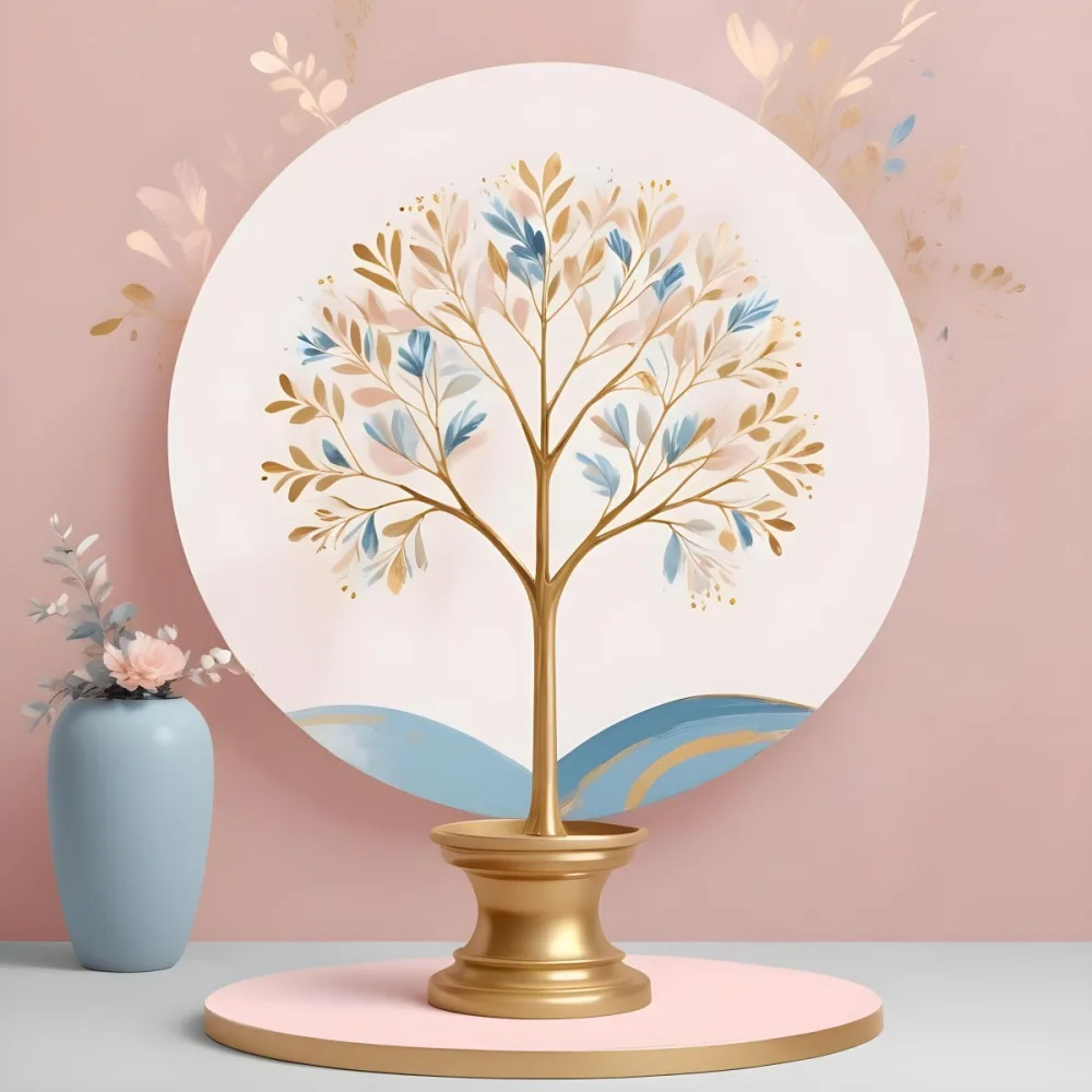 Digital Painting A Minimalist Abstract Scene With A Round White Background A Golden Tree Like Shape And Pastel Blue And Gold Floral Elements On A Pink Pedestal Bold And Slim Lines Brush Strokes 2 D1e5