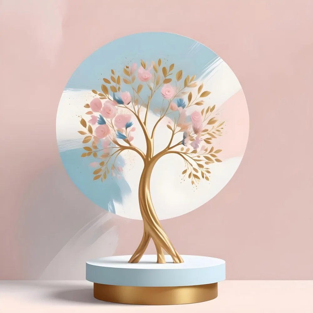 Digital Painting A Minimalist Abstract Scene With A Round White Background A Golden Tree Like Shape And Pastel Blue And Gold Floral Elements On A Pink Pedestal Bold And Slim Lines Brush Strokes 3 Cb5a