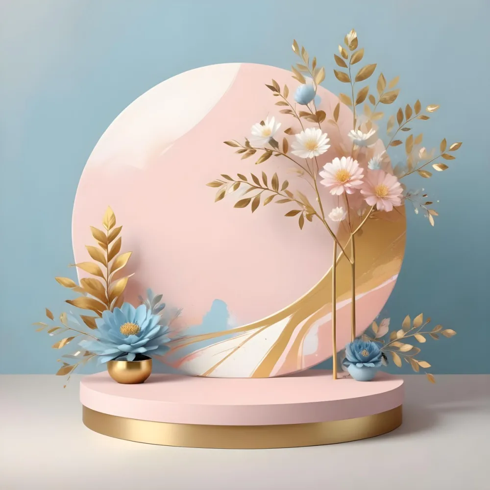 Digital Painting A Minimalist Abstract Scene With A Round White Background A Golden Tree Like Shape And Pastel Blue And Gold Floral Elements On A Pink Pedestal Bold And Slim Lines Brush Strokes 4 4c4a