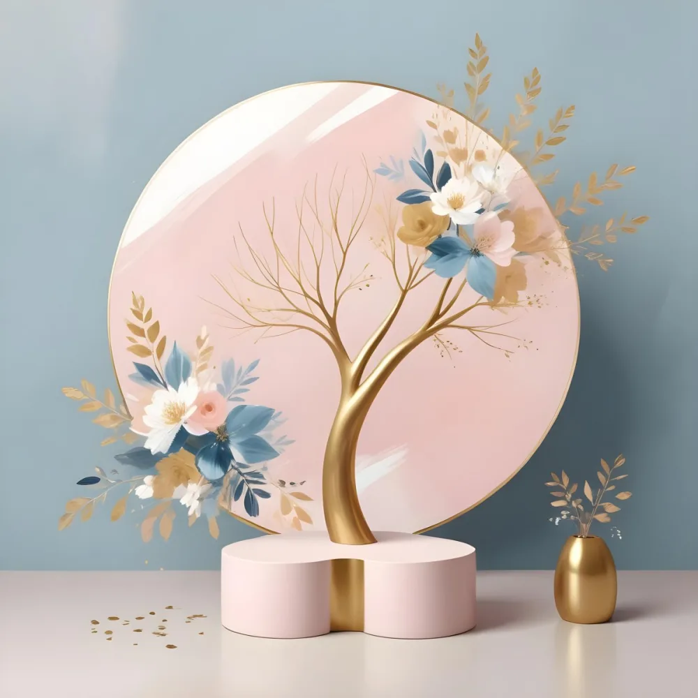 Digital Painting A Minimalist Abstract Scene With A Round White Background A Golden Tree Like Shape And Pastel Blue And Gold Floral Elements On A Pink Pedestal Bold And Slim Lines Brush Strokes 5 31e0