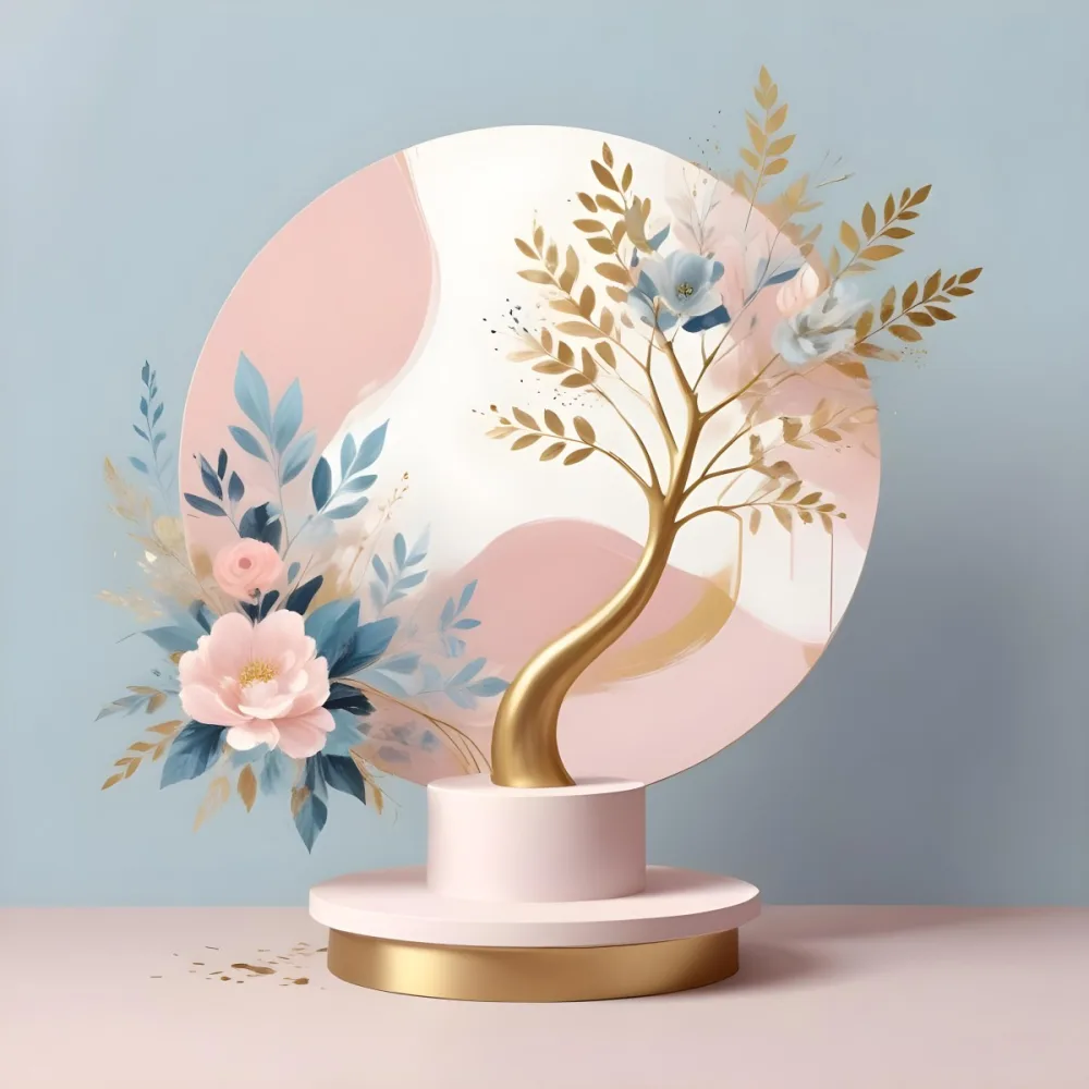 Digital Painting A Minimalist Abstract Scene With A Round White Background A Golden Tree Like Shape And Pastel Blue And Gold Floral Elements On A Pink Pedestal Bold And Slim Lines Brush Strokes 6 7df3