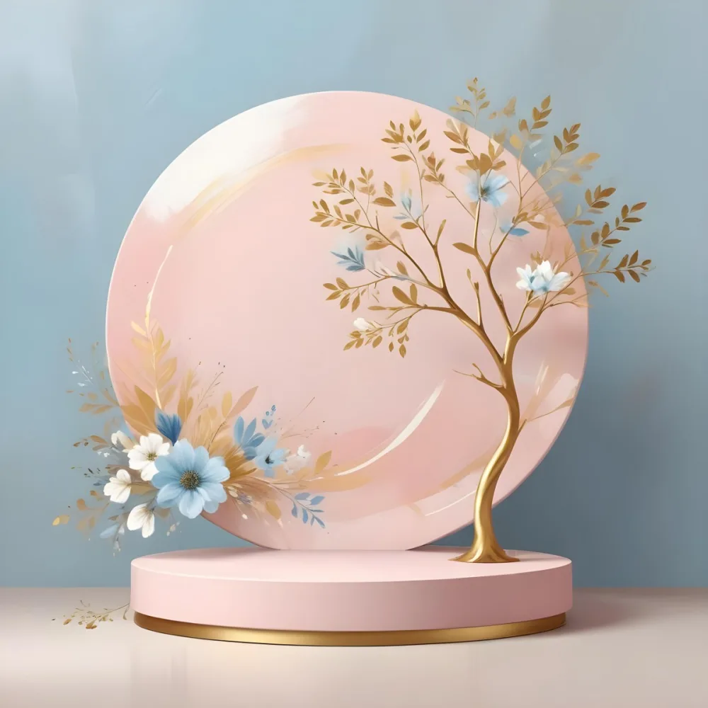 Digital Painting A Minimalist Abstract Scene With A Round White Background A Golden Tree Like Shape And Pastel Blue And Gold Floral Elements On A Pink Pedestal Bold And Slim Lines Brush Strokes 7 7750
