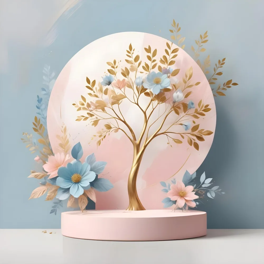 Digital Painting A Minimalist Abstract Scene With A Round White Background A Golden Tree Like Shape And Pastel Blue And Gold Floral Elements On A Pink Pedestal Bold And Slim Lines Brush Strokes 8 48e1