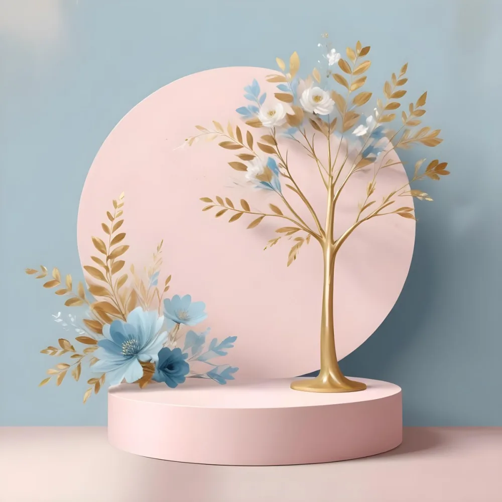 Digital Painting A Minimalist Abstract Scene With A Round White Background A Golden Tree Like Shape And Pastel Blue And Gold Floral Elements On A Pink Pedestal Bold And Slim Lines Brush Strokes 9 23fa