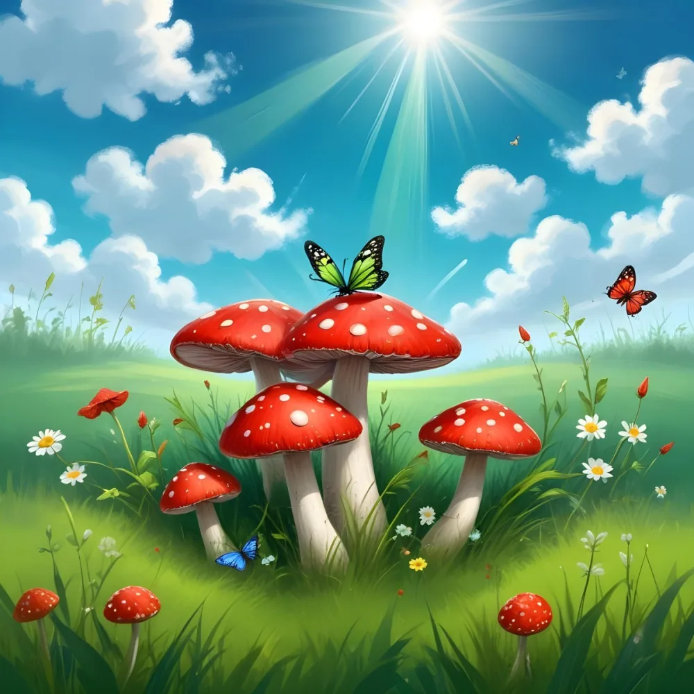 Digital Painting A Red Mushroom With Green Dots Two Butterflies Flowers Of Green On A Green Field Blue Sky With Clouds And Sun Rays Bold And Slim Lines Brush Strokes 6 F297