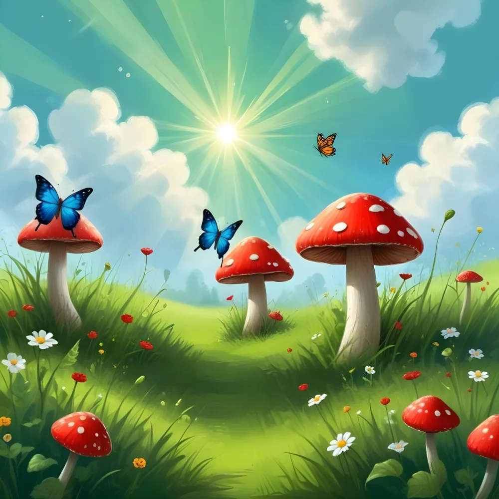 Digital Painting A Red Mushroom With Green Dots Two Butterflies Flowers Of Green On A Green Field Blue Sky With Clouds And Sun Rays Bold And Slim Lines Brush Strokes 8 E2d7