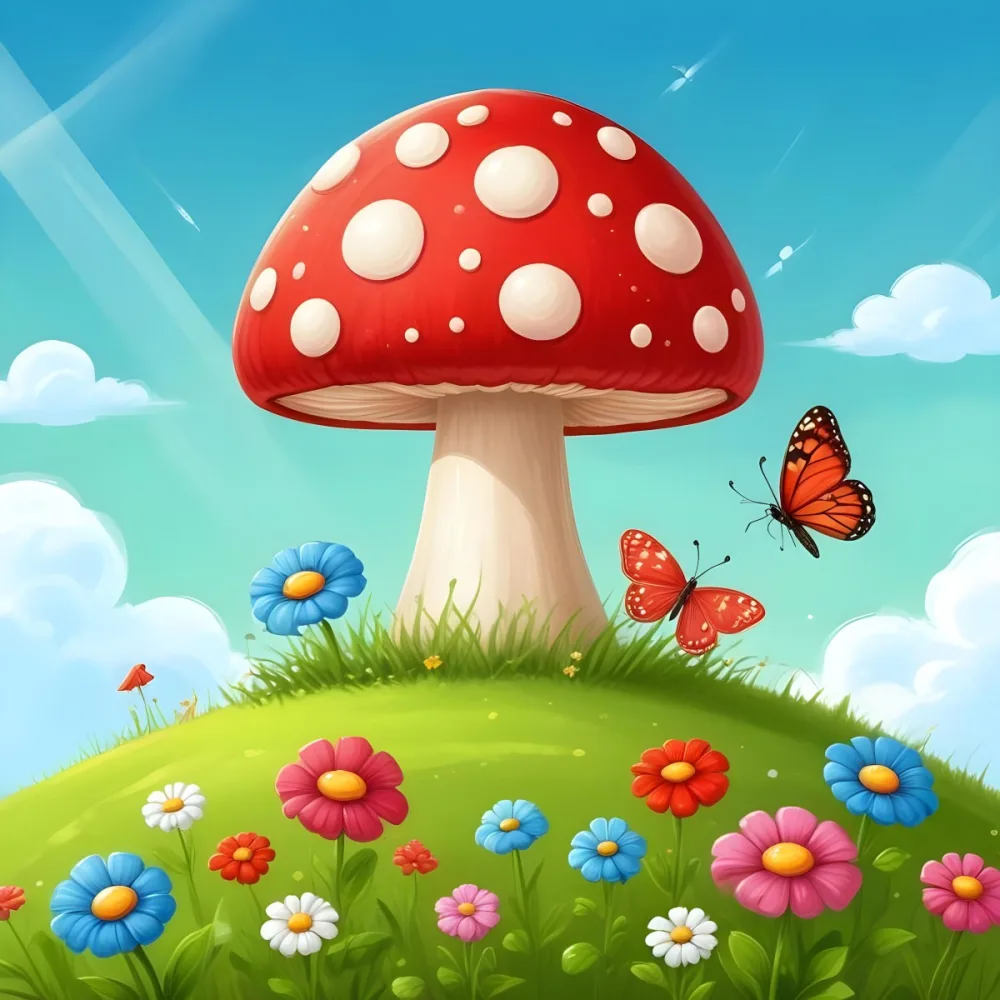Digital Painting A Red Mushroom With Green Dots Two Butterflies Flowers Of Green On A Green Field Blue Sky With Clouds And Sun Rays Bold And Slim Lines Brush Strokes 9 9665