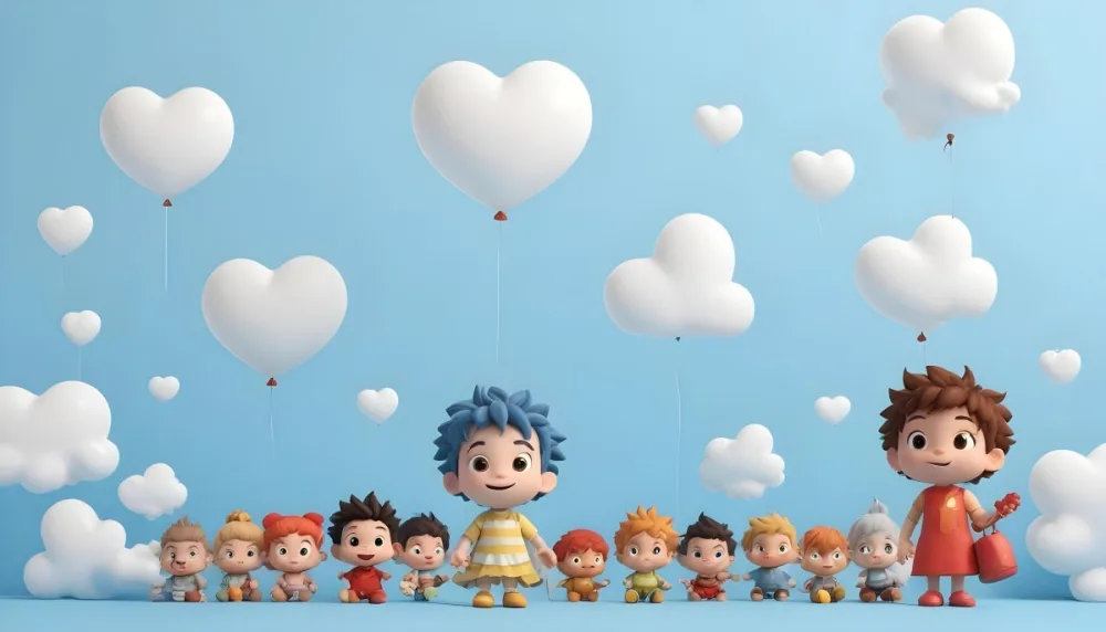 Digital Painting A Row Of Cartoon Children With Various Hairstyles And Expressions Some Holding Toys Against A Light Blue Background With Simple Clouds And Hearts Bold And Slim Lines Brush Strokes 17 Ef94