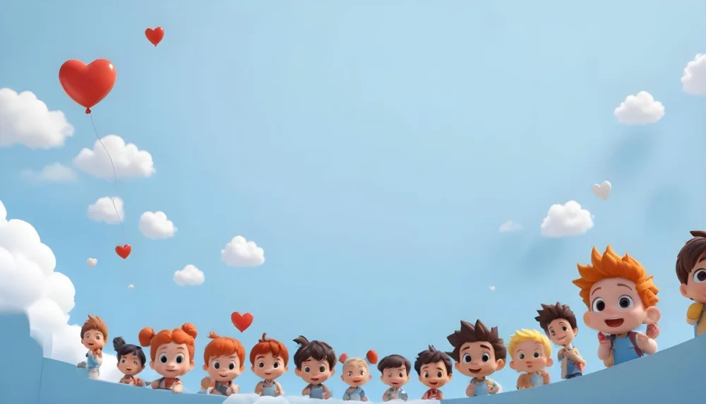Digital Painting A Row Of Cartoon Children With Various Hairstyles And Expressions Some Holding Toys Against A Light Blue Background With Simple Clouds And Hearts Bold And Slim Lines Brush Strokes 19 Ae1f