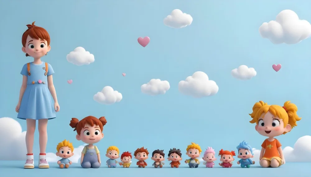 Digital Painting A Row Of Cartoon Children With Various Hairstyles And Expressions Some Holding Toys Against A Light Blue Background With Simple Clouds And Hearts Bold And Slim Lines Brush Strokes 24 3f87