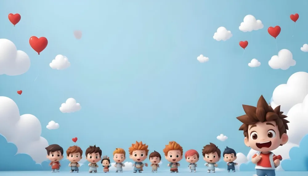 Digital Painting A Row Of Cartoon Children With Various Hairstyles And Expressions Some Holding Toys Against A Light Blue Background With Simple Clouds And Hearts Bold And Slim Lines Brush Strokes 32 5e1e