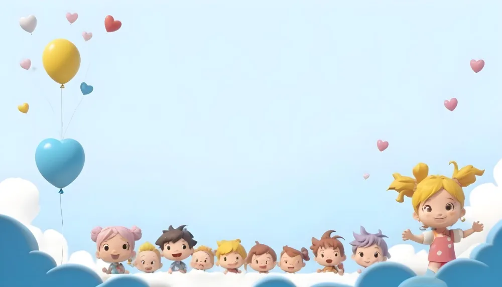 Digital Painting A Row Of Cartoon Children With Various Hairstyles And Expressions Some Holding Toys Against A Light Blue Background With Simple Clouds And Hearts Bold And Slim Lines Brush Strokes 37 4982