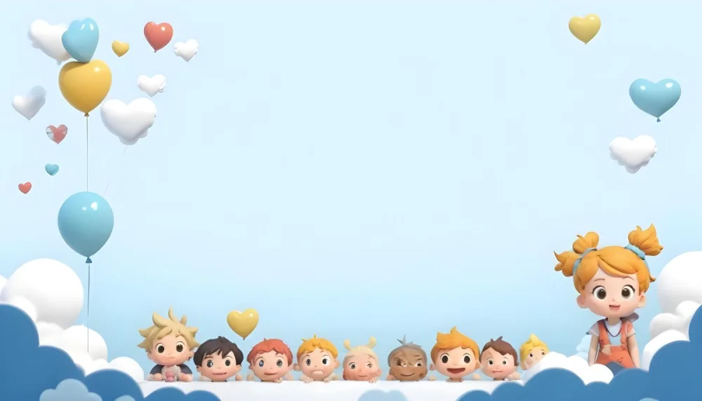 Digital Painting A Row Of Cartoon Children With Various Hairstyles And Expressions Some Holding Toys Against A Light Blue Background With Simple Clouds And Hearts Bold And Slim Lines Brush Strokes 4 9a98
