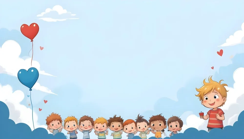 Digital Painting A Row Of Cartoon Children With Various Hairstyles And Expressions Some Holding Toys Against A Light Blue Background With Simple Clouds And Hearts Bold And Slim Lines Brush Strokes 40 55e6