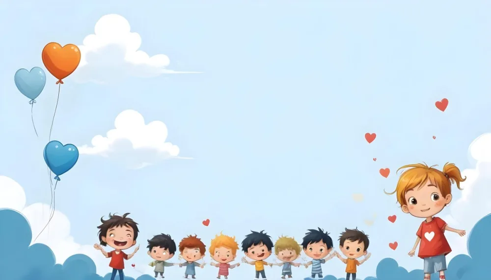 Digital Painting A Row Of Cartoon Children With Various Hairstyles And Expressions Some Holding Toys Against A Light Blue Background With Simple Clouds And Hearts Bold And Slim Lines Brush Strokes 41 D69b