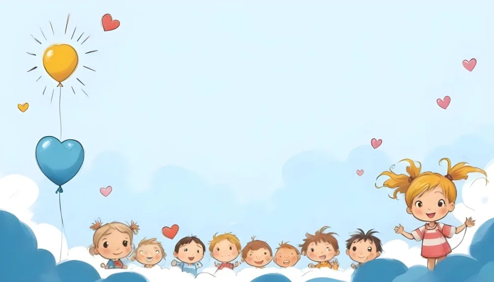 Digital Painting A Row Of Cartoon Children With Various Hairstyles And Expressions Some Holding Toys Against A Light Blue Background With Simple Clouds And Hearts Bold And Slim Lines Brush Strokes 43 A771