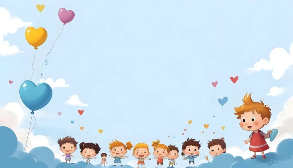 Digital Painting A Row Of Cartoon Children With Various Hairstyles And Expressions Some Holding Toys Against A Light Blue Background With Simple Clouds And Hearts Bold And Slim Lines Brush Strokes 44 54e4