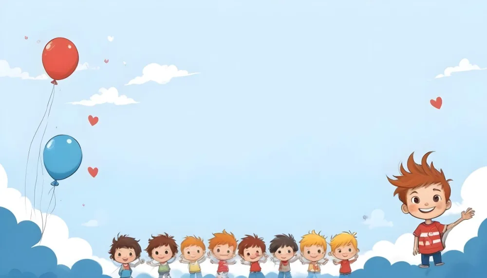 Digital Painting A Row Of Cartoon Children With Various Hairstyles And Expressions Some Holding Toys Against A Light Blue Background With Simple Clouds And Hearts Bold And Slim Lines Brush Strokes 45 473f