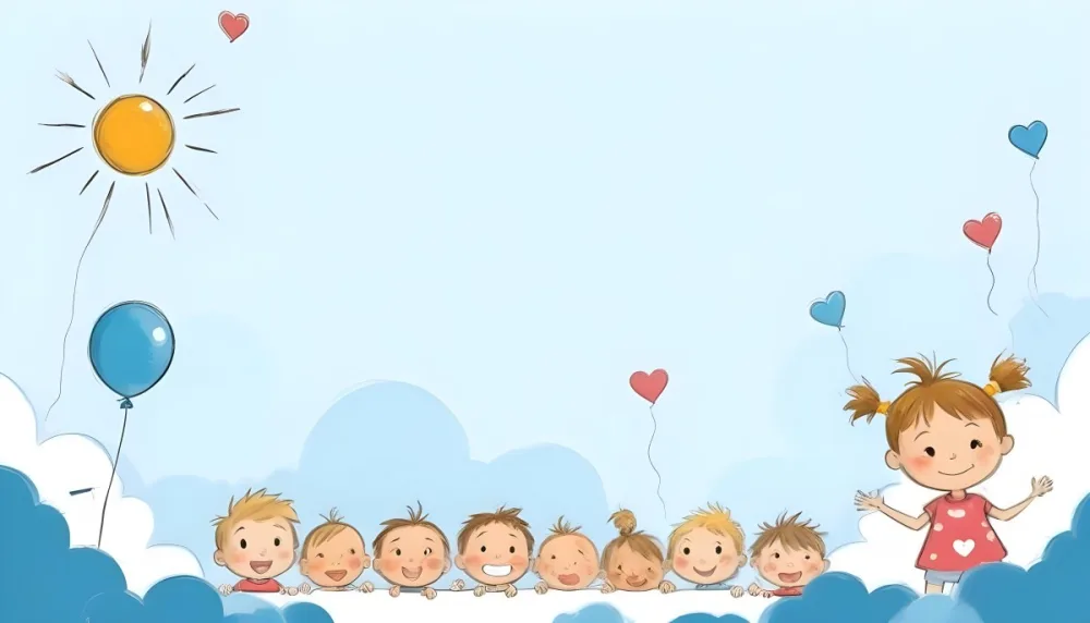 Digital Painting A Row Of Cartoon Children With Various Hairstyles And Expressions Some Holding Toys Against A Light Blue Background With Simple Clouds And Hearts Bold And Slim Lines Brush Strokes 46 4a05
