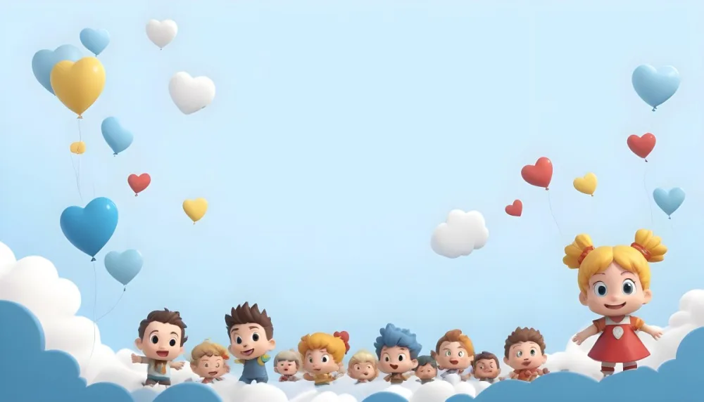 Digital Painting A Row Of Cartoon Children With Various Hairstyles And Expressions Some Holding Toys Against A Light Blue Background With Simple Clouds And Hearts Bold And Slim Lines Brush Strokes 5 4a6d